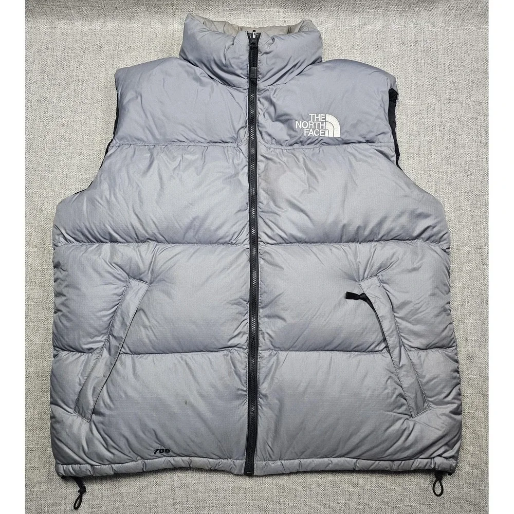 The North Face Vest Mens XL Gray 700 Goose Down Nuptse Puffer Hooded Full Zip